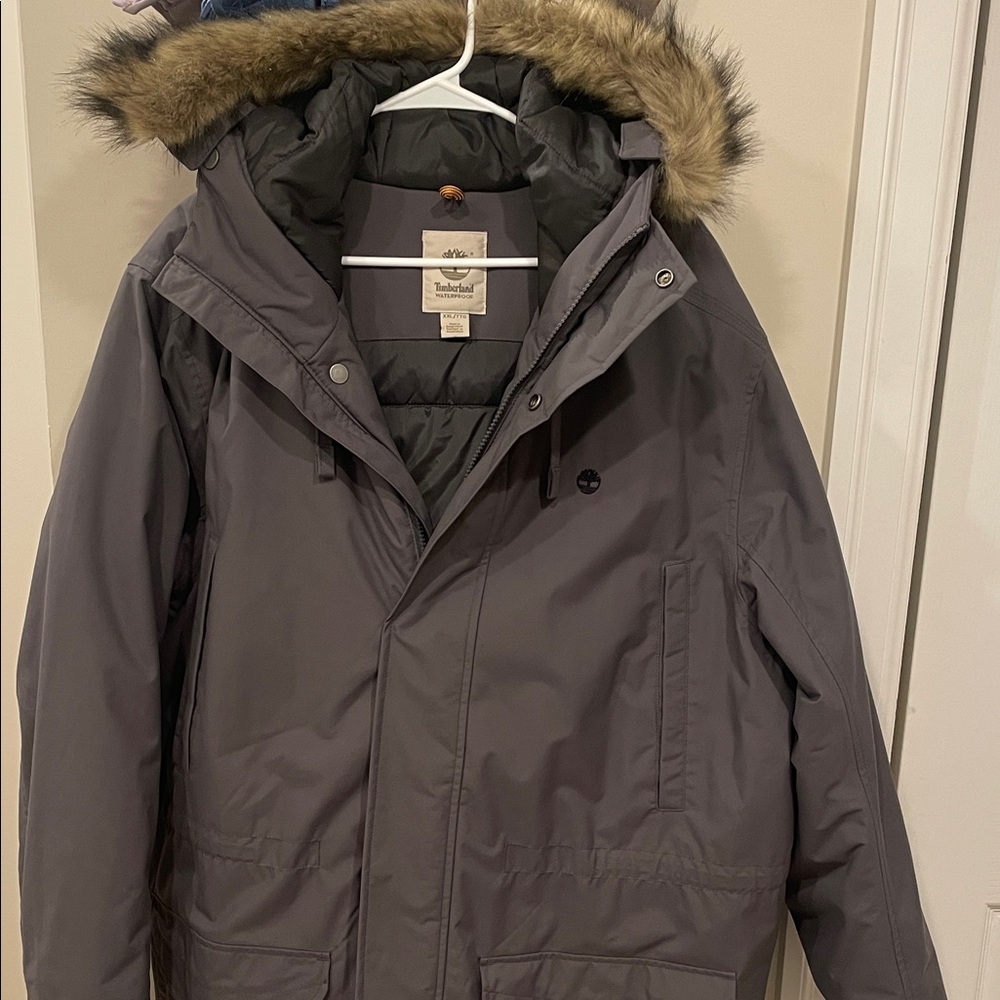 Timberland Men's Charcoal Puffer Jacket with Fur Hood